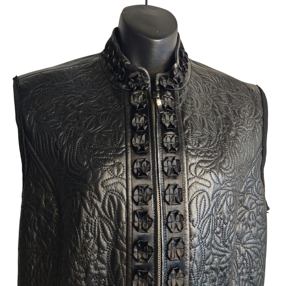 Nygard Collection Leather Knit Jacket Black Floral Rayon Nylon Knit Zip Vest M - Picture 3 of 10